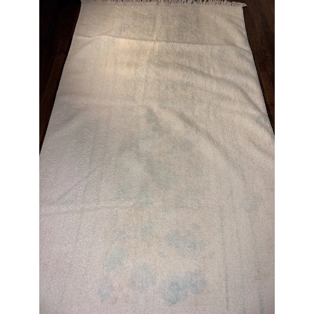 Vintage Cannon Floral Bath Towel Blue Yellow White Fringe Made in USA 1970s